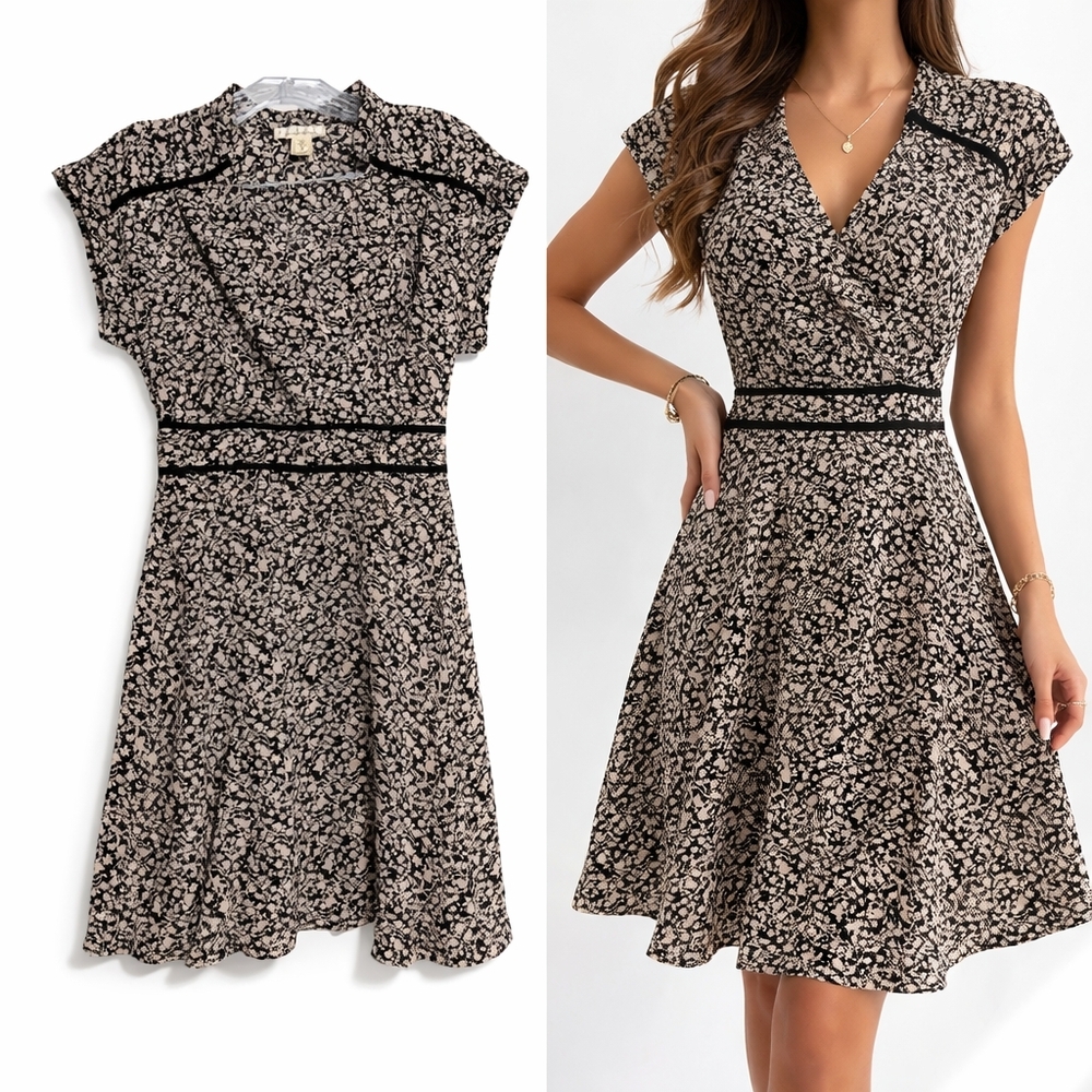 Monteau Black & White Floral Midi Dress - V-Neck Cap Sleeve Fit & Flare - Size S